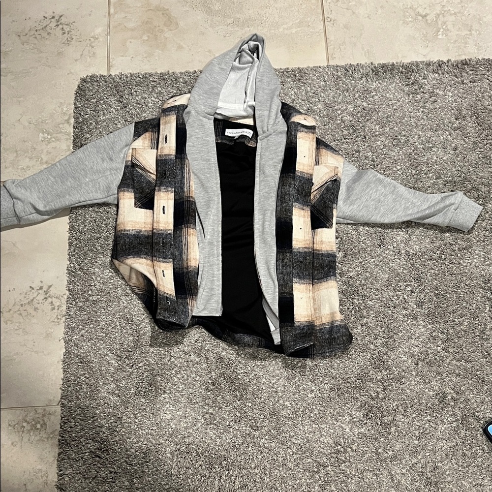 Central Park West Gray and Black Plaid Zip-Up Sweater